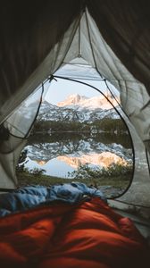Preview wallpaper tent, mountains, lake, view, nature