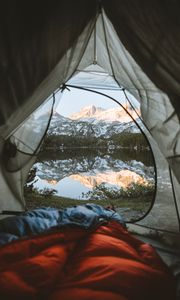 Preview wallpaper tent, mountains, lake, view, nature