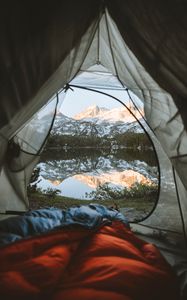 Preview wallpaper tent, mountains, lake, view, nature