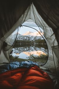 Preview wallpaper tent, mountains, lake, view, nature