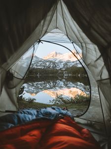 Preview wallpaper tent, mountains, lake, view, nature