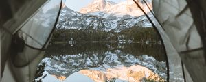 Preview wallpaper tent, mountains, lake, view, nature