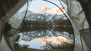 Preview wallpaper tent, mountains, lake, view, nature