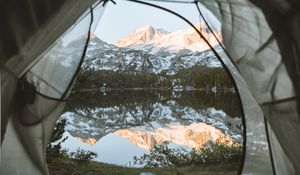 Preview wallpaper tent, mountains, lake, view, nature