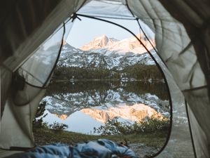 Preview wallpaper tent, mountains, lake, view, nature