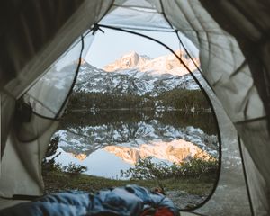 Preview wallpaper tent, mountains, lake, view, nature