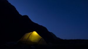 Preview wallpaper tent, mountains, night, camping, darkness