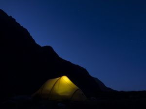 Preview wallpaper tent, mountains, night, camping, darkness