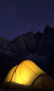 Preview wallpaper tent, mountains, night, camping, dark