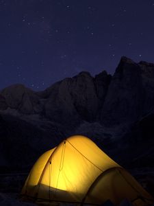 Preview wallpaper tent, mountains, night, camping, dark