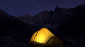 Preview wallpaper tent, mountains, night, camping, dark