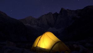 Preview wallpaper tent, mountains, night, camping, dark