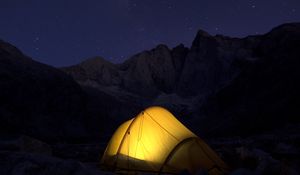 Preview wallpaper tent, mountains, night, camping, dark