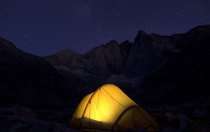 Preview wallpaper tent, mountains, night, camping, dark