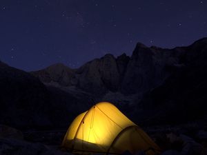 Preview wallpaper tent, mountains, night, camping, dark