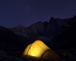 Preview wallpaper tent, mountains, night, camping, dark