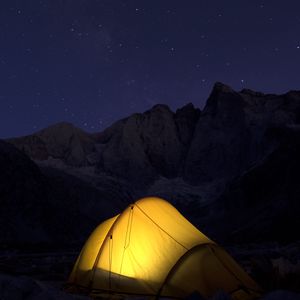 Preview wallpaper tent, mountains, night, camping, dark