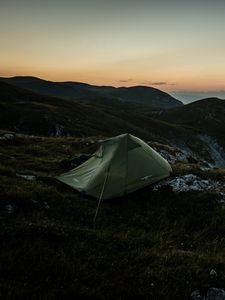 Preview wallpaper tent, mountains, sunrise