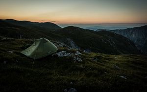 Preview wallpaper tent, mountains, sunrise