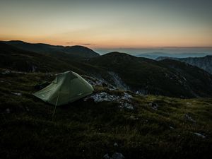 Preview wallpaper tent, mountains, sunrise