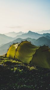 Preview wallpaper tent, mountains, travel, camping, fog, sky