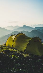 Preview wallpaper tent, mountains, travel, camping, fog, sky