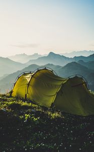 Preview wallpaper tent, mountains, travel, camping, fog, sky