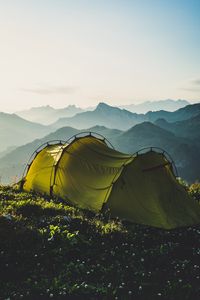 Preview wallpaper tent, mountains, travel, camping, fog, sky