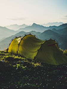 Preview wallpaper tent, mountains, travel, camping, fog, sky