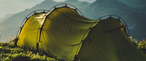 Preview wallpaper tent, mountains, travel, camping, fog, sky