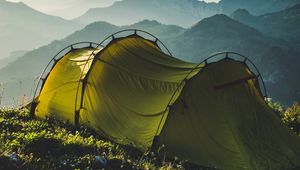 Preview wallpaper tent, mountains, travel, camping, fog, sky