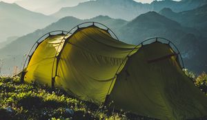 Preview wallpaper tent, mountains, travel, camping, fog, sky