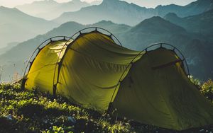 Preview wallpaper tent, mountains, travel, camping, fog, sky