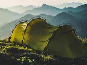 Preview wallpaper tent, mountains, travel, camping, fog, sky
