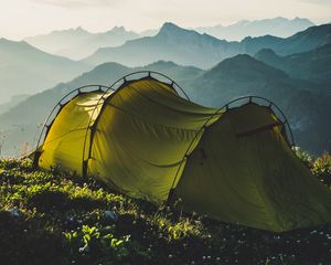 Preview wallpaper tent, mountains, travel, camping, fog, sky