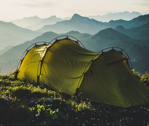 Preview wallpaper tent, mountains, travel, camping, fog, sky