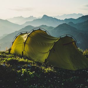 Preview wallpaper tent, mountains, travel, camping, fog, sky