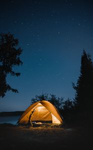 Preview wallpaper tent, night, camping, starry sky, travel