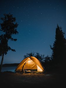 Preview wallpaper tent, night, camping, starry sky, travel