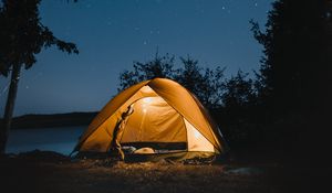 Preview wallpaper tent, night, camping, starry sky, travel