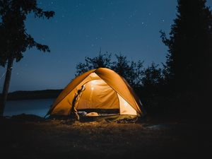 Preview wallpaper tent, night, camping, starry sky, travel