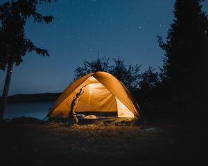 Preview wallpaper tent, night, camping, starry sky, travel