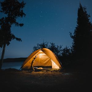 Preview wallpaper tent, night, camping, starry sky, travel