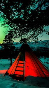 Preview wallpaper tent, night, northern lights, winter, camping