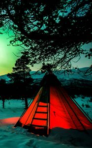 Preview wallpaper tent, night, northern lights, winter, camping