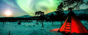 Preview wallpaper tent, night, northern lights, winter, camping