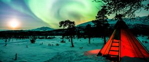 Preview wallpaper tent, night, northern lights, winter, camping