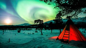 Preview wallpaper tent, night, northern lights, winter, camping