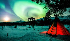 Preview wallpaper tent, night, northern lights, winter, camping