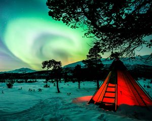 Preview wallpaper tent, night, northern lights, winter, camping